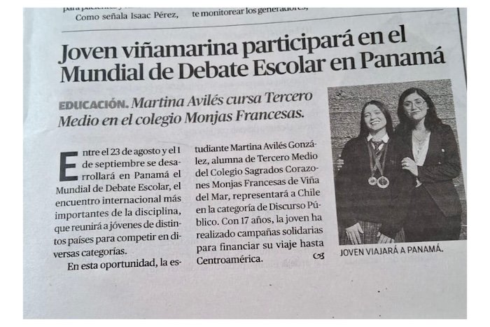 El Mercurio de Valparaíso destaca en su portada a Martina Avilés, quien participará en el Mundial de Debate Escolar en Panamá
